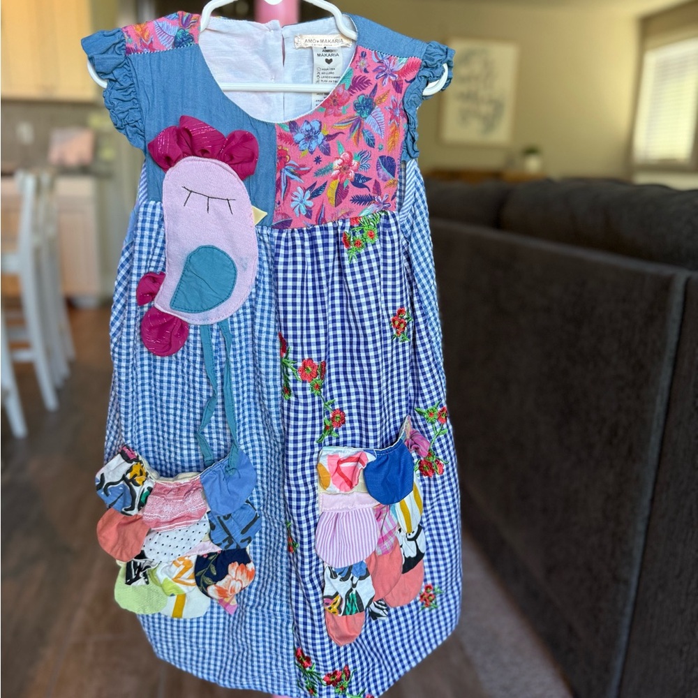 Designer Blue Gingham Patchwork Girls Dress, Amo Makaria, Girls Medium